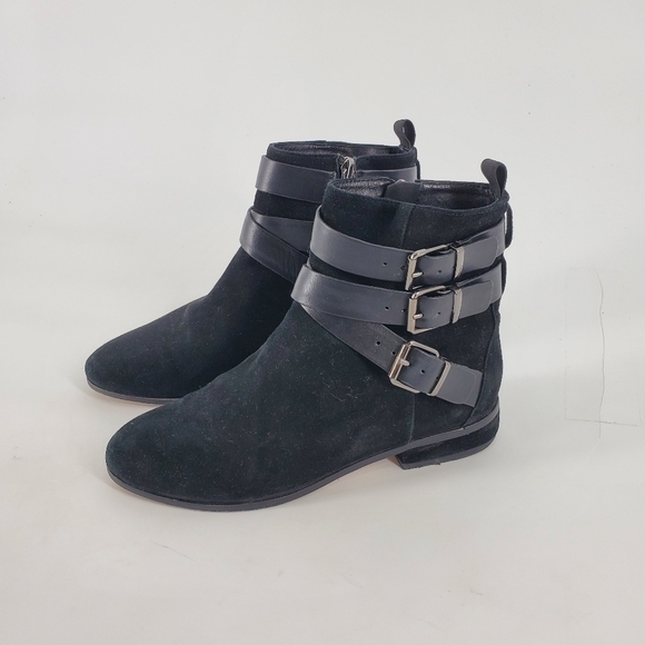 Raye Triple Leather Buckle Black Suede Booties 37 - Picture 2 of 10